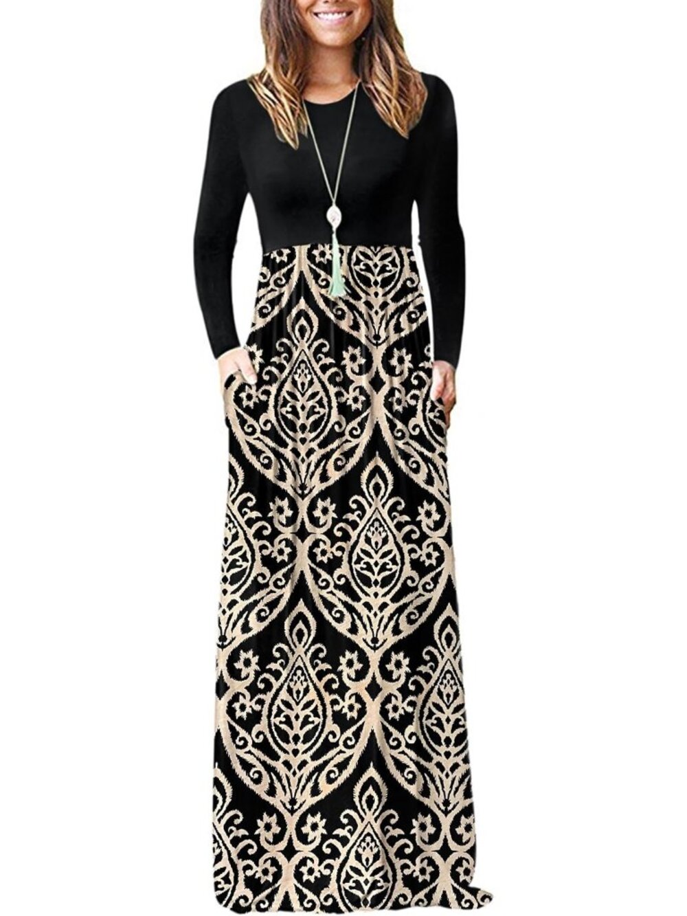 Women's Black Khaki Crew Neck Long Sleeve Pull On Casual Soft Pocket Maxi Dress